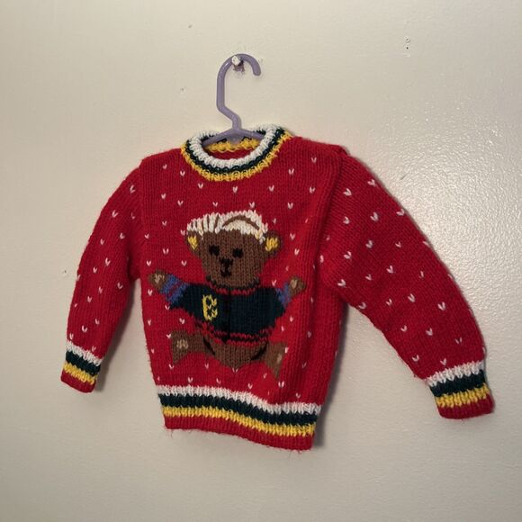 HAND KNIT Sleepy Bear Handmade Retro Vintage Kids Sweater, Red- Size 2T - Picture 2 of 8
